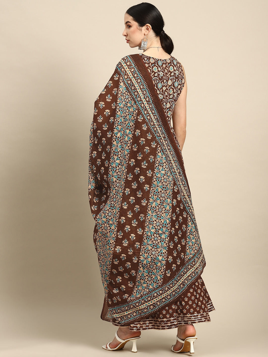 Women Brown Floral Printed Anarkali Kurta With Sharara And Dupatta | LASVINI - Redefining Indian Fashion with Elegance