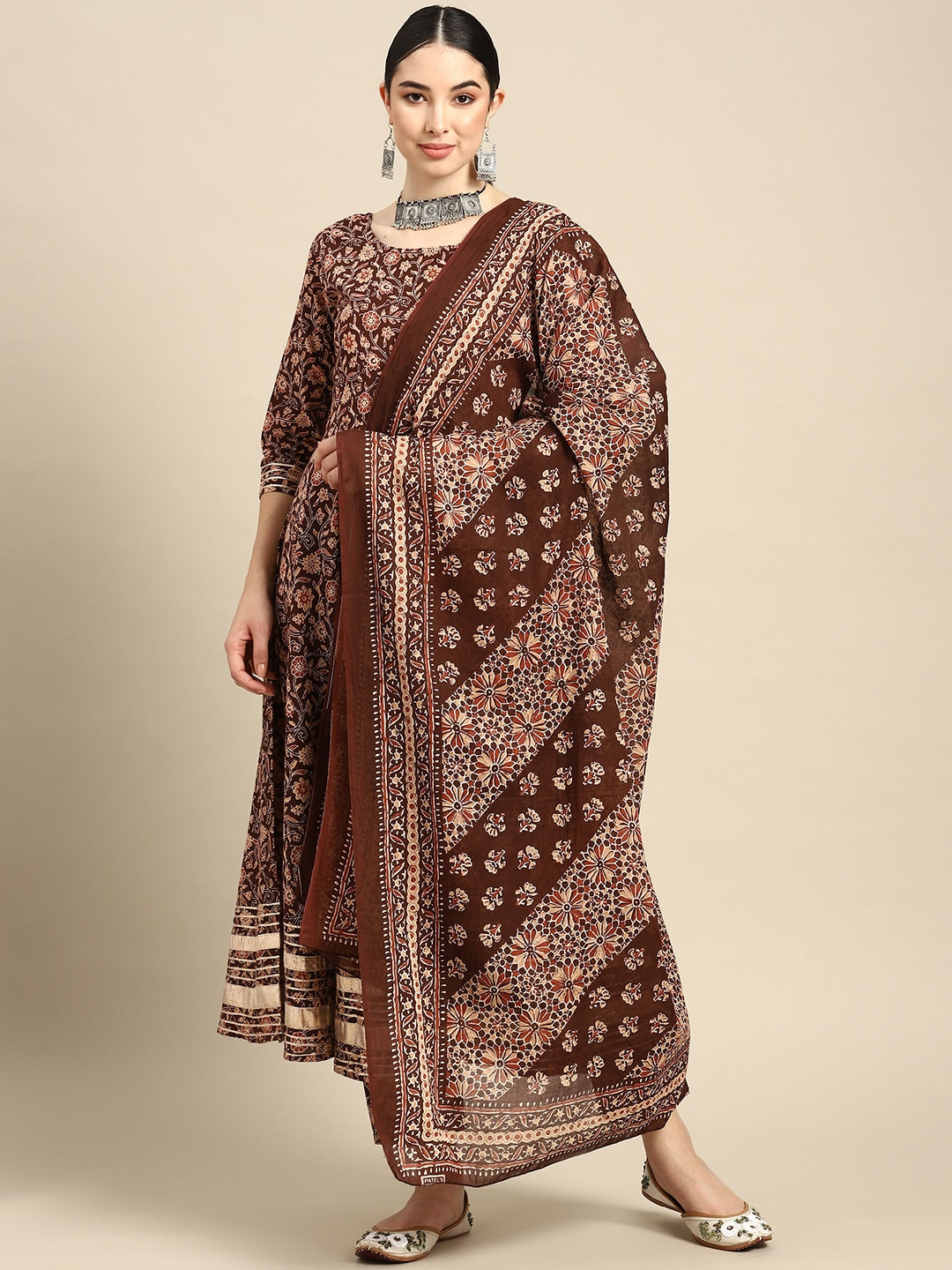 Women Brown Floral Printed Anarkali Kurta With Trouser And Dupatta | LASVINI - Redefining Indian Fashion with Elegance
