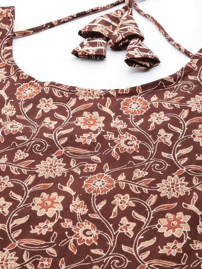 Women Brown Floral Printed Anarkali Kurta With Trouser And Dupatta | LASVINI - Redefining Indian Fashion with Elegance