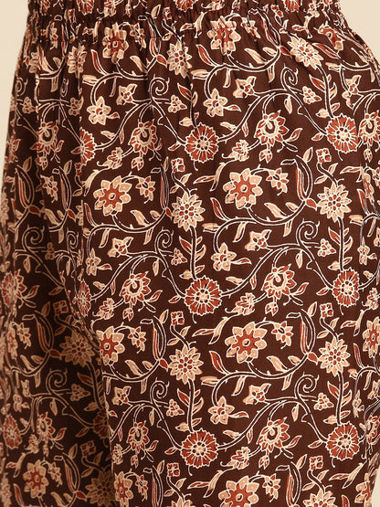 Women Brown Floral Printed Anarkali Kurta With Trouser And Dupatta | LASVINI - Redefining Indian Fashion with Elegance