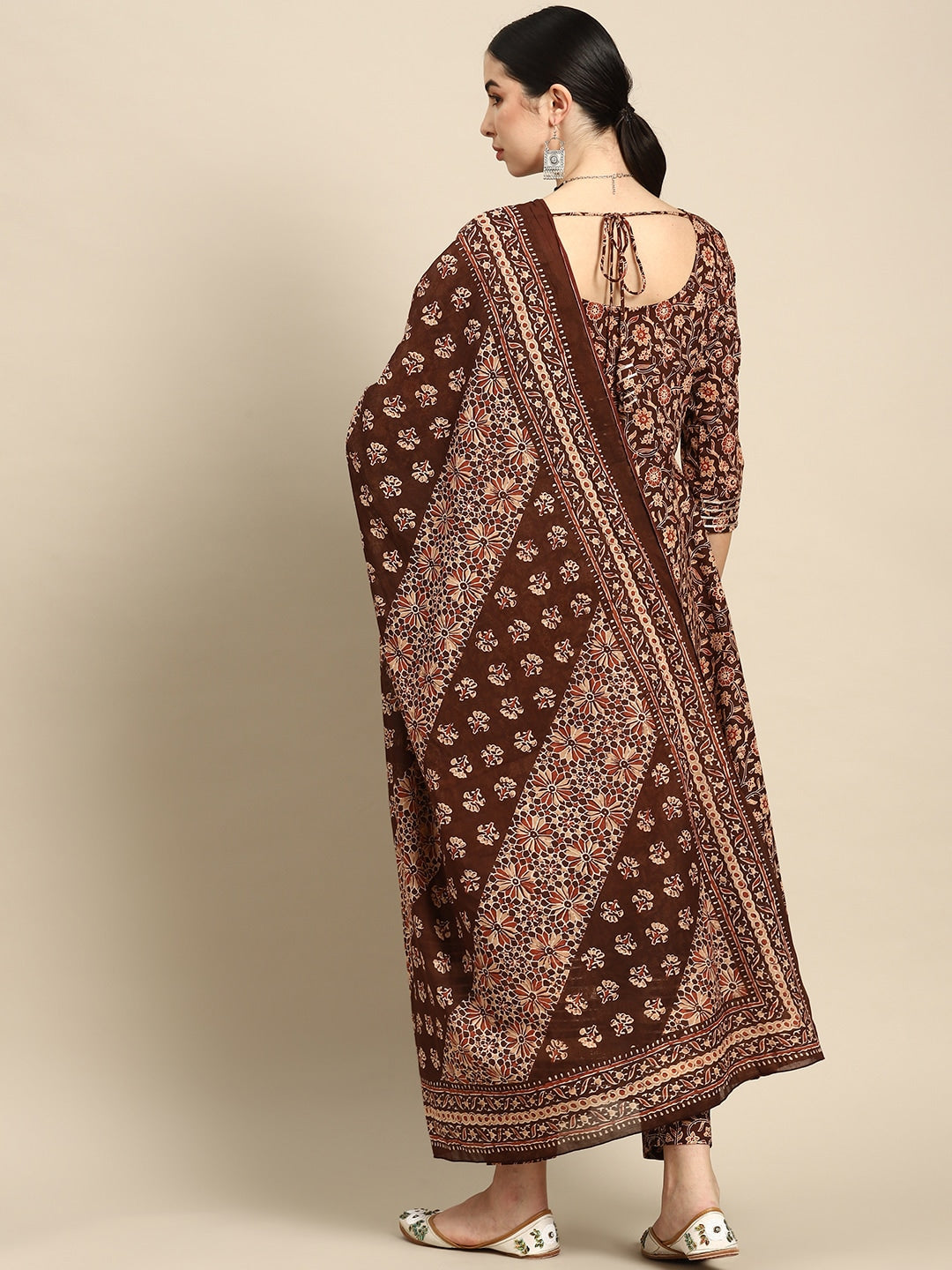 Women Brown Floral Printed Anarkali Kurta With Trouser And Dupatta | LASVINI - Redefining Indian Fashion with Elegance