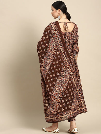 Women Brown Floral Printed Anarkali Kurta With Trouser And Dupatta | LASVINI - Redefining Indian Fashion with Elegance