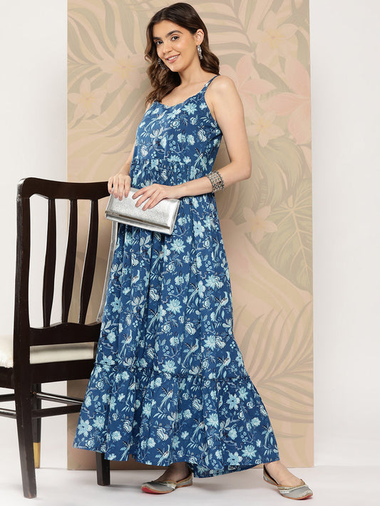 Women Blue Abstract Printed Shoulder Strap Dress | LASVINI - Redefining Indian Fashion with Elegance