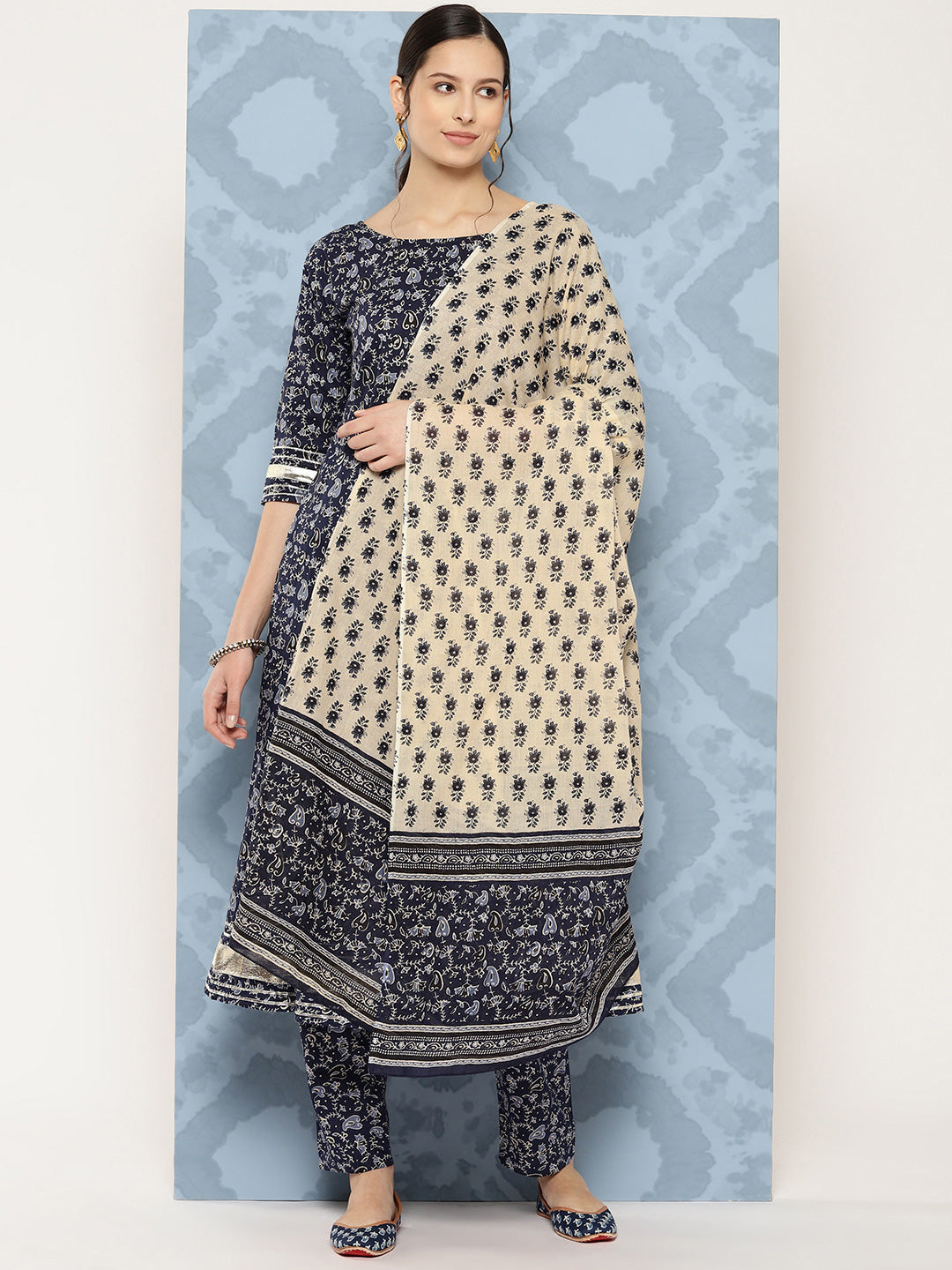 Women Blue Floral Printed Anarkali Kurta With Trouser And Dupatta | LASVINI - Redefining Indian Fashion with Elegance