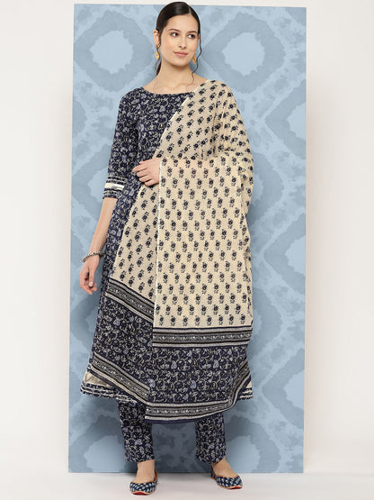 Women Blue Floral Printed Anarkali Kurta With Trouser And Dupatta | LASVINI - Redefining Indian Fashion with Elegance