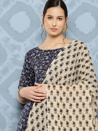 Women Blue Floral Printed Anarkali Kurta With Trouser And Dupatta | LASVINI - Redefining Indian Fashion with Elegance