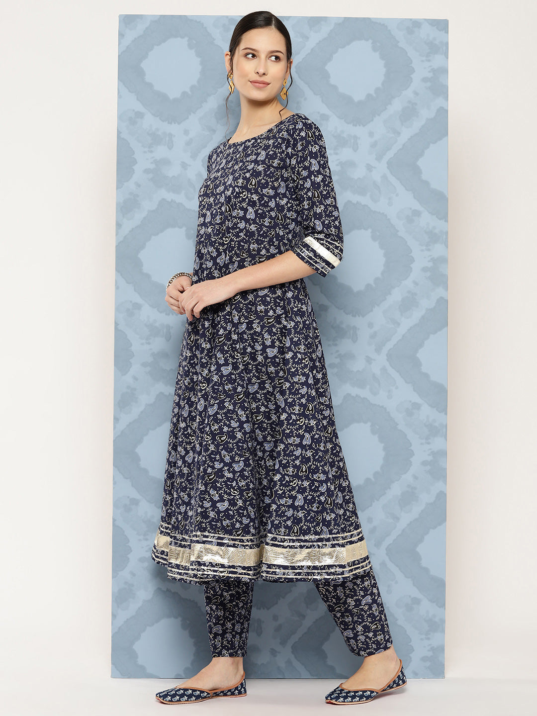 Women Blue Floral Printed Anarkali Kurta With Trouser And Dupatta | LASVINI - Redefining Indian Fashion with Elegance