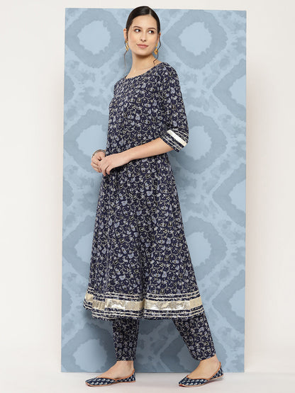 Women Blue Floral Printed Anarkali Kurta With Trouser And Dupatta | LASVINI - Redefining Indian Fashion with Elegance