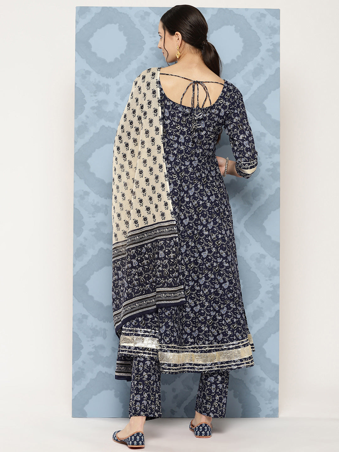 Women Blue Floral Printed Anarkali Kurta With Trouser And Dupatta | LASVINI - Redefining Indian Fashion with Elegance