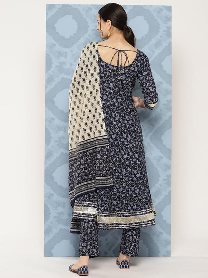 Women Blue Floral Printed Anarkali Kurta With Trouser And Dupatta | LASVINI - Redefining Indian Fashion with Elegance