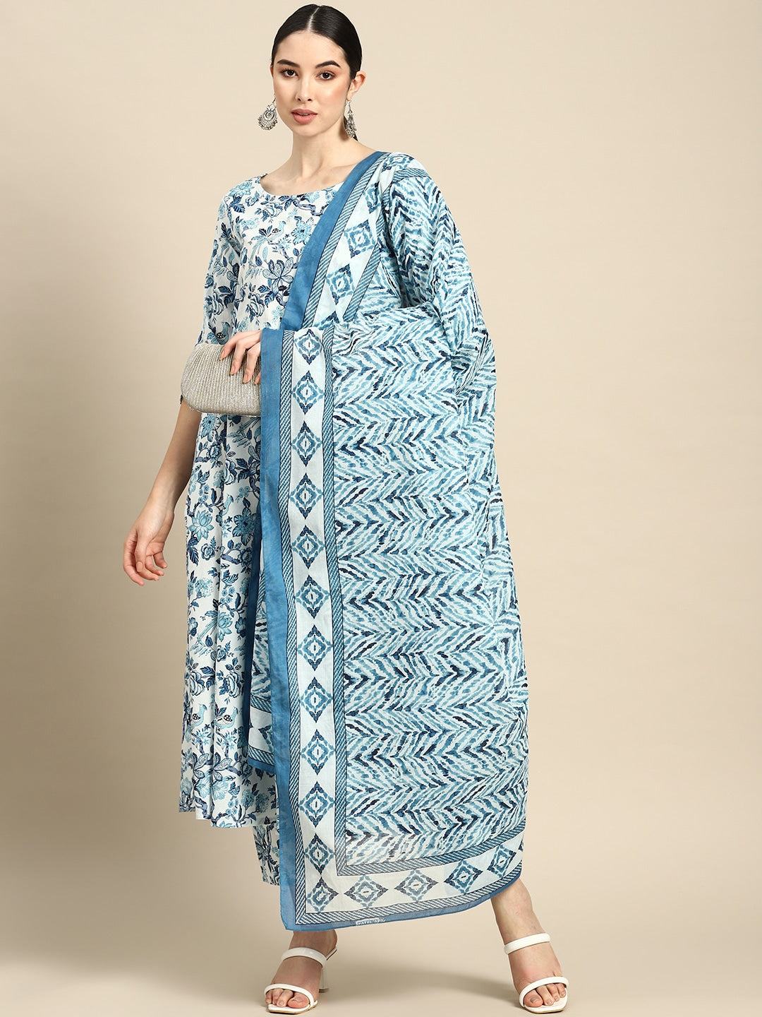 Women Blue Floral Printed Anarkali Kurta With Trouser And Dupatta | LASVINI - Redefining Indian Fashion with Elegance