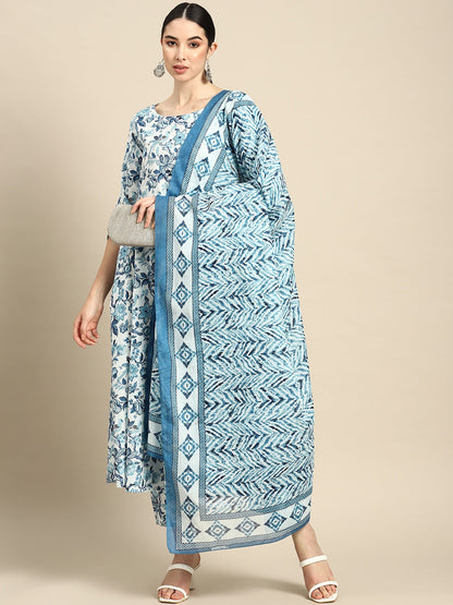 Women Blue Floral Printed Anarkali Kurta With Trouser And Dupatta | LASVINI - Redefining Indian Fashion with Elegance