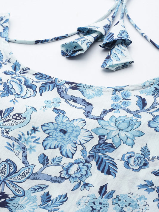 Women Blue Floral Printed Anarkali Kurta With Trouser And Dupatta | LASVINI - Redefining Indian Fashion with Elegance