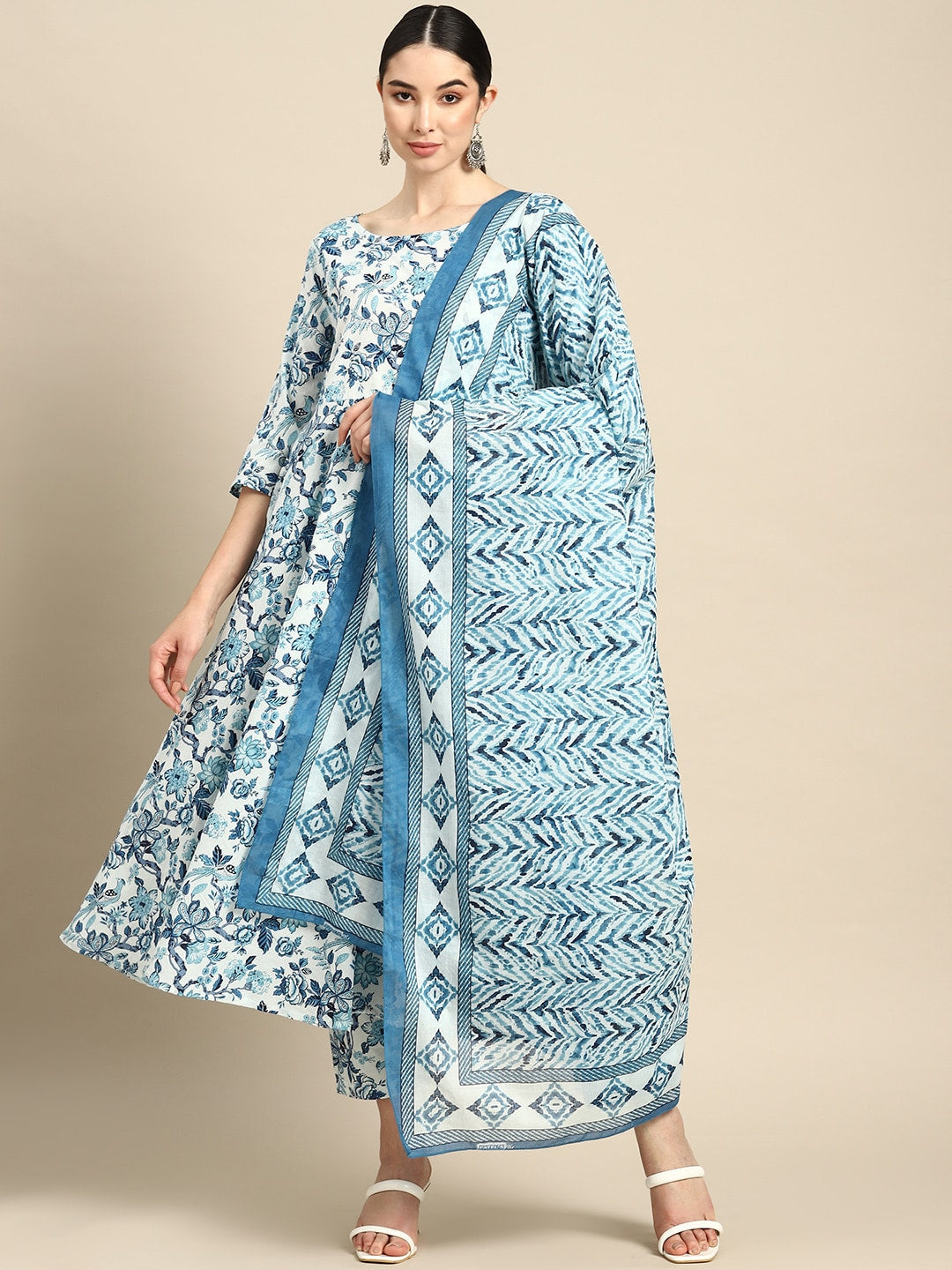 Women Blue Floral Printed Anarkali Kurta With Trouser And Dupatta | LASVINI - Redefining Indian Fashion with Elegance