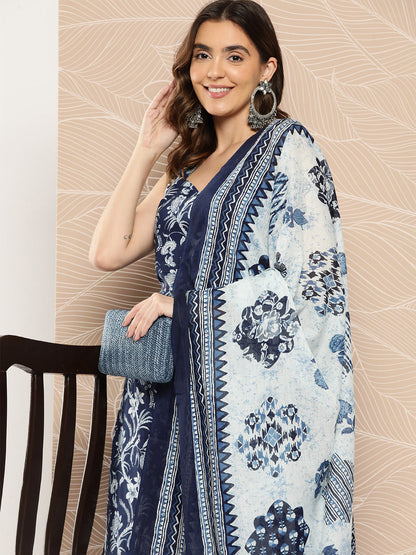 Women Blue Paisely Printed Straight Kurta With Trouser And Dupatta | LASVINI - Redefining Indian Fashion with Elegance