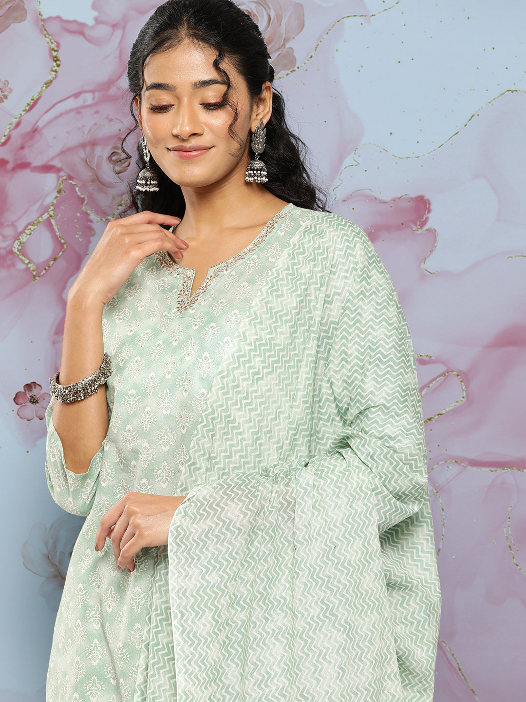 Women Green Ethnic Embroidered Kurta With Palazzo And Dupatta | LASVINI - Redefining Indian Fashion with Elegance