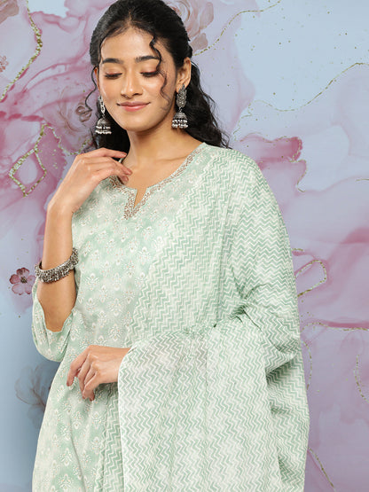 Women Green Ethnic Embroidered Kurta With Palazzo And Dupatta | LASVINI - Redefining Indian Fashion with Elegance