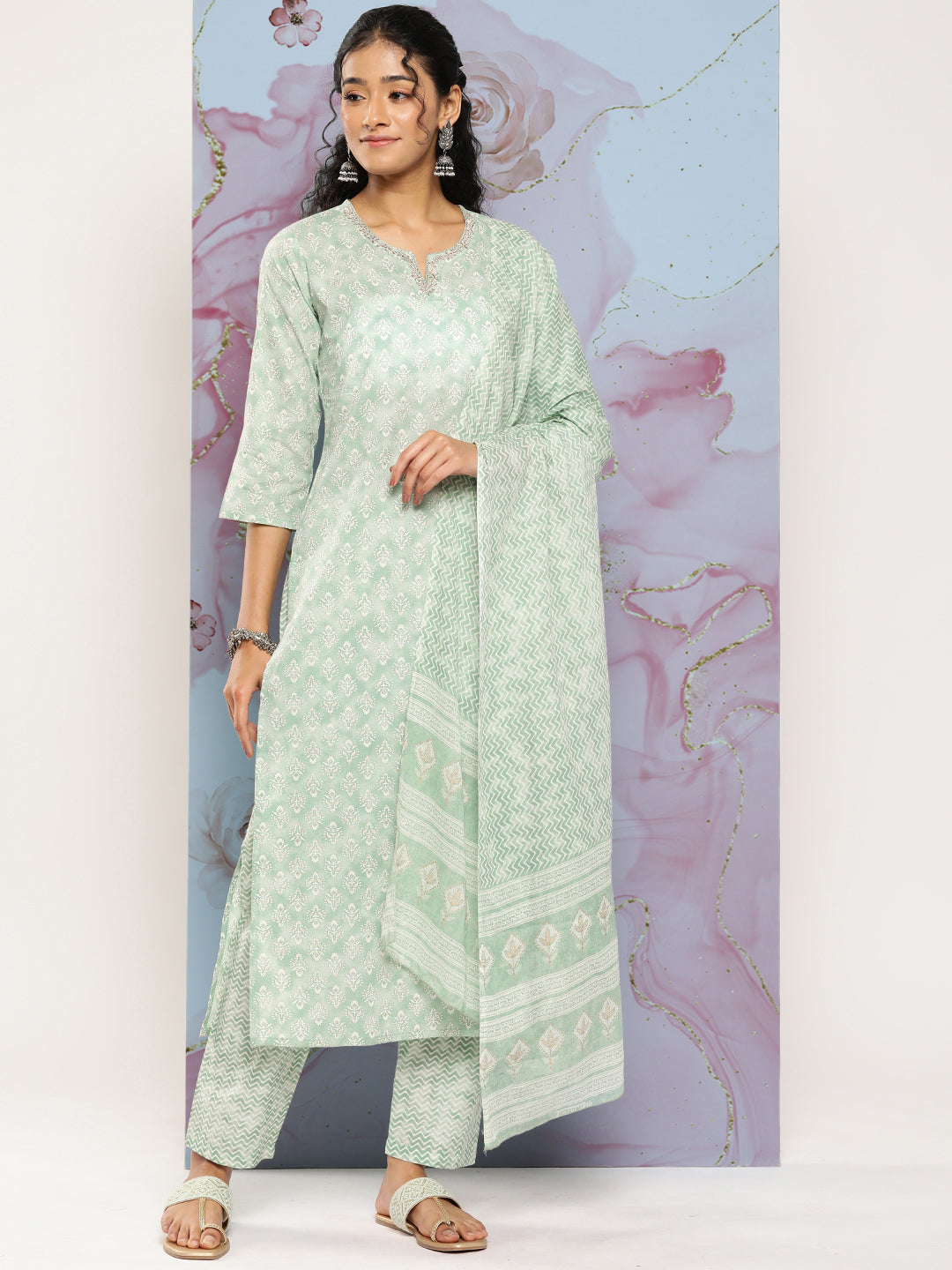 Women Green Ethnic Embroidered Kurta With Palazzo And Dupatta | LASVINI - Redefining Indian Fashion with Elegance
