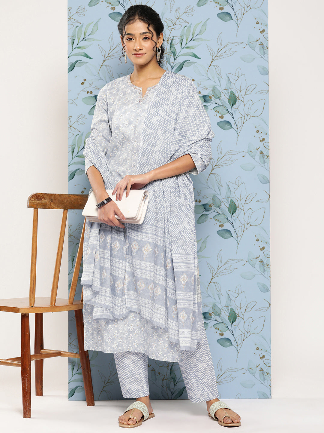 Women Grey Ethnic Embroidered Kurta With Palazzo And Dupatta | LASVINI - Redefining Indian Fashion with Elegance