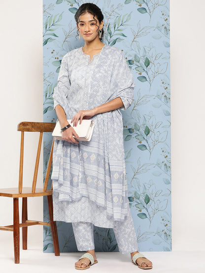 Women Grey Ethnic Embroidered Kurta With Palazzo And Dupatta | LASVINI - Redefining Indian Fashion with Elegance