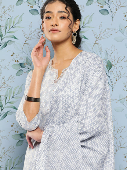 Women Grey Ethnic Embroidered Kurta With Palazzo And Dupatta | LASVINI - Redefining Indian Fashion with Elegance