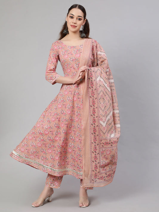 Women Mauve Floral Printed Anarkali Kurta With Trouser And Dupatta | LASVINI - Redefining Indian Fashion with Elegance