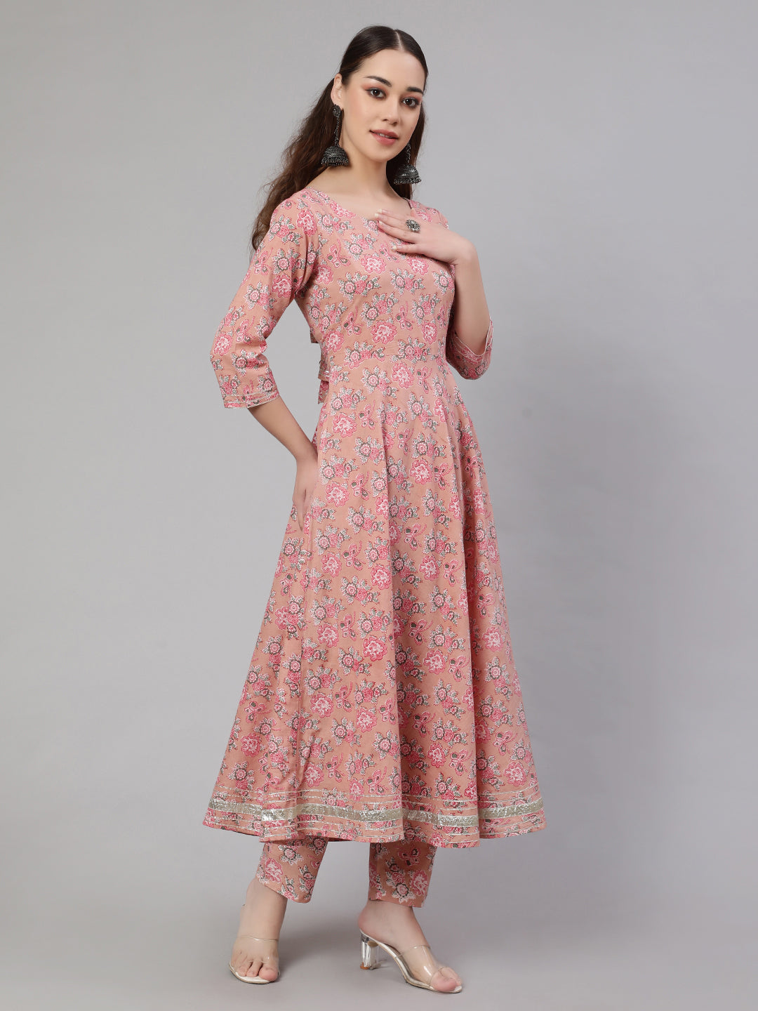 Women Mauve Floral Printed Anarkali Kurta With Trouser And Dupatta | LASVINI - Redefining Indian Fashion with Elegance