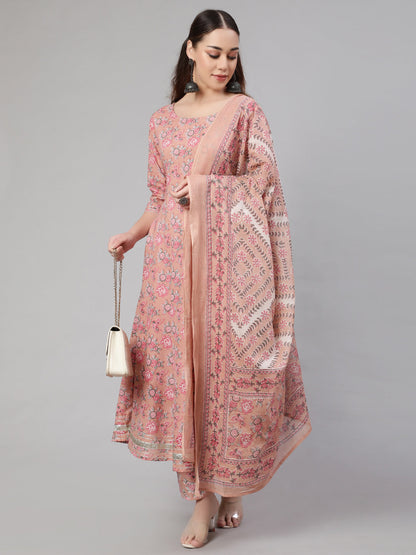 Women Mauve Floral Printed Anarkali Kurta With Trouser And Dupatta | LASVINI - Redefining Indian Fashion with Elegance
