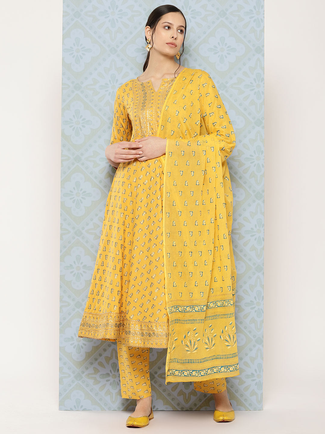 Women Yellow Printed Anarkali Kurta With Trouser And Dupatta | LASVINI - Redefining Indian Fashion with Elegance