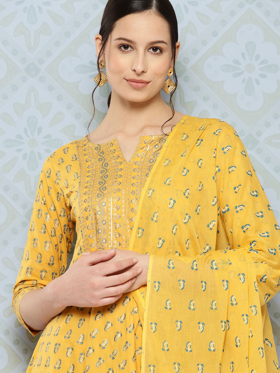 Women Yellow Printed Anarkali Kurta With Trouser And Dupatta | LASVINI - Redefining Indian Fashion with Elegance