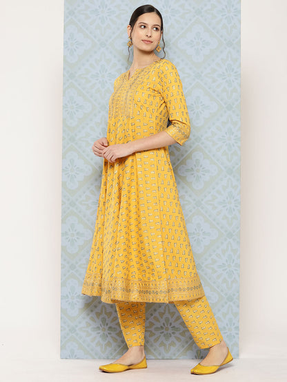 Women Yellow Printed Anarkali Kurta With Trouser And Dupatta | LASVINI - Redefining Indian Fashion with Elegance