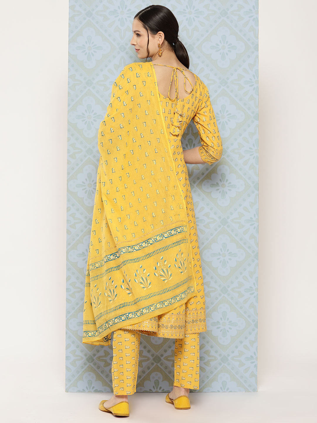 Women Yellow Printed Anarkali Kurta With Trouser And Dupatta | LASVINI - Redefining Indian Fashion with Elegance