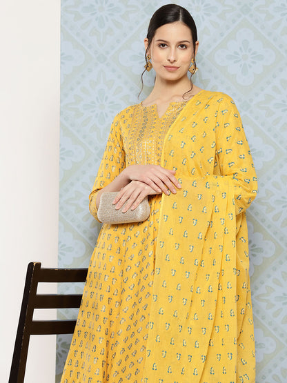 Women Yellow Printed Anarkali Kurta With Trouser And Dupatta | LASVINI - Redefining Indian Fashion with Elegance