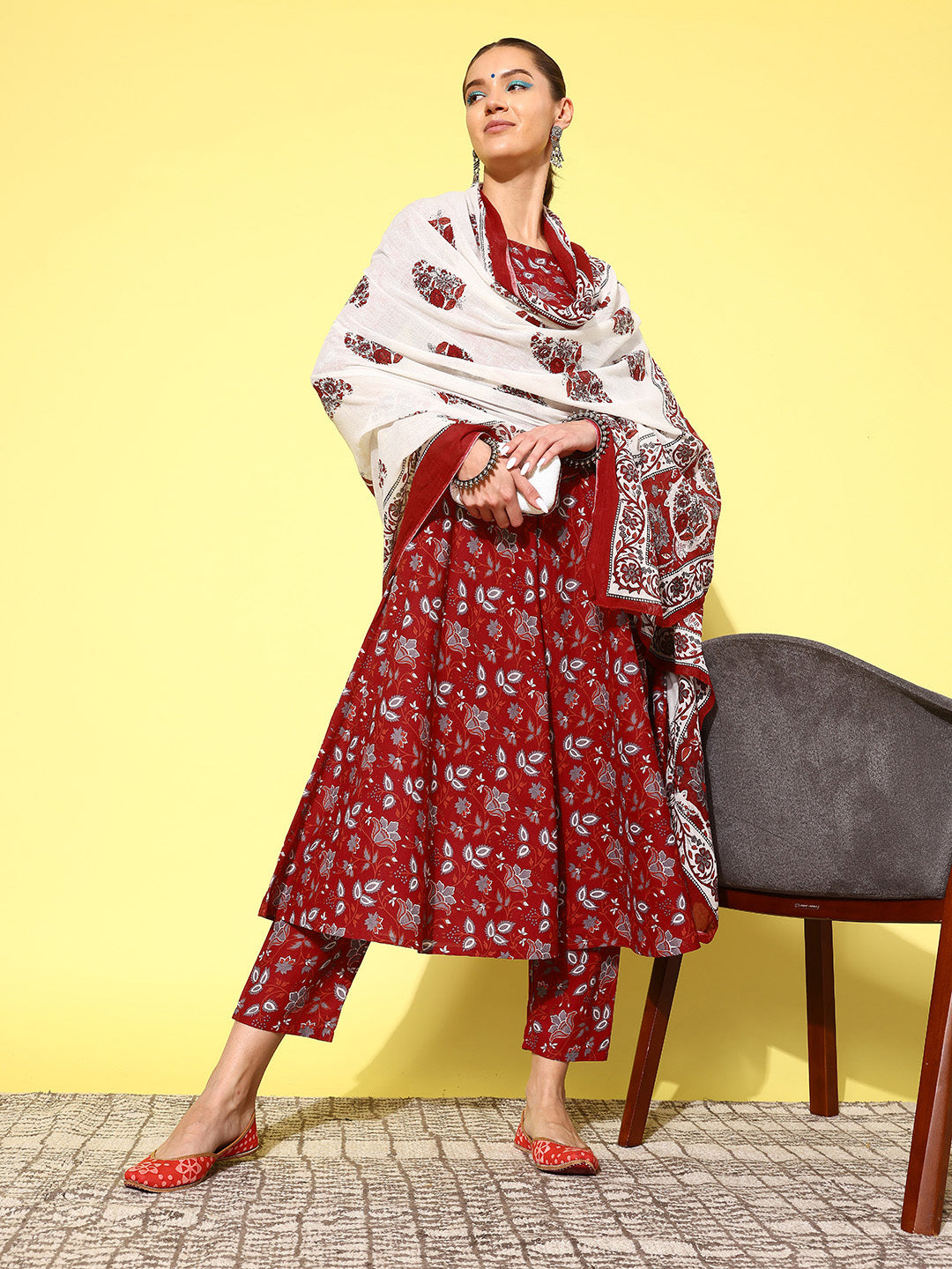 Women Maroon Printed Anarkali Kurta With Trouser And Dupatta | LASVINI - Redefining Indian Fashion with Elegance