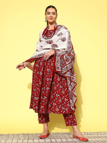 Women Maroon Printed Anarkali Kurta With Trouser And Dupatta | LASVINI - Redefining Indian Fashion with Elegance