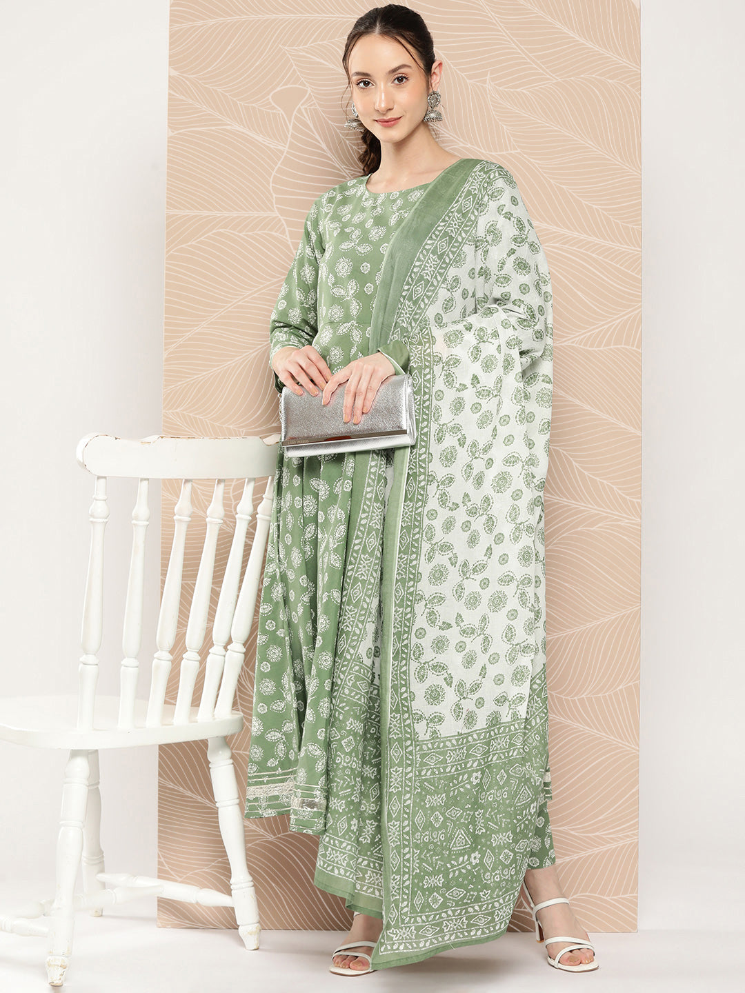 Women Green Floral Printed Anarkali Kurta With Trouser And Dupatta | LASVINI - Redefining Indian Fashion with Elegance