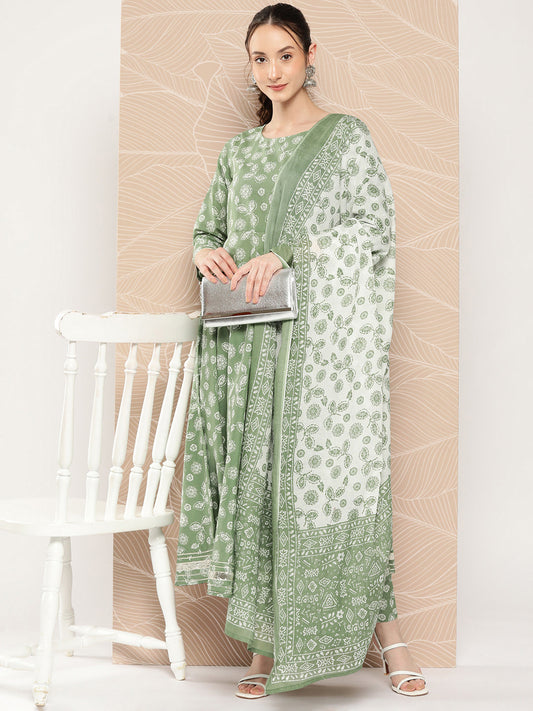 Women Green Floral Printed Anarkali Kurta With Trouser And Dupatta | LASVINI - Redefining Indian Fashion with Elegance