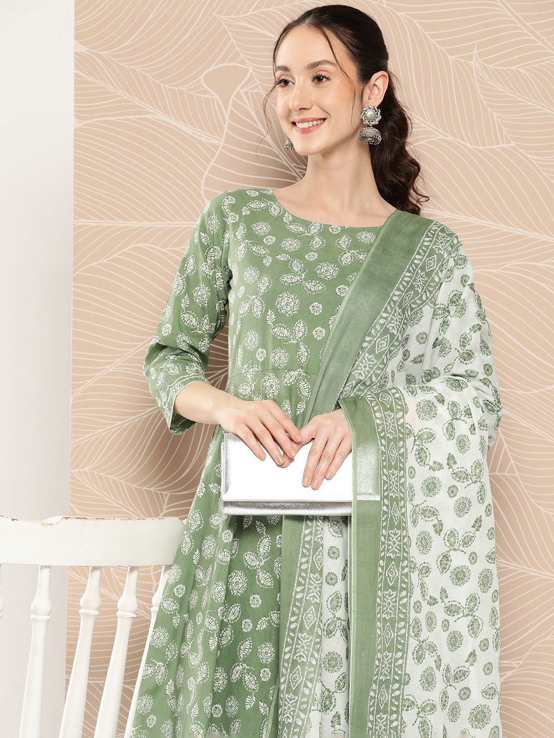 Women Green Floral Printed Anarkali Kurta With Trouser And Dupatta | LASVINI - Redefining Indian Fashion with Elegance