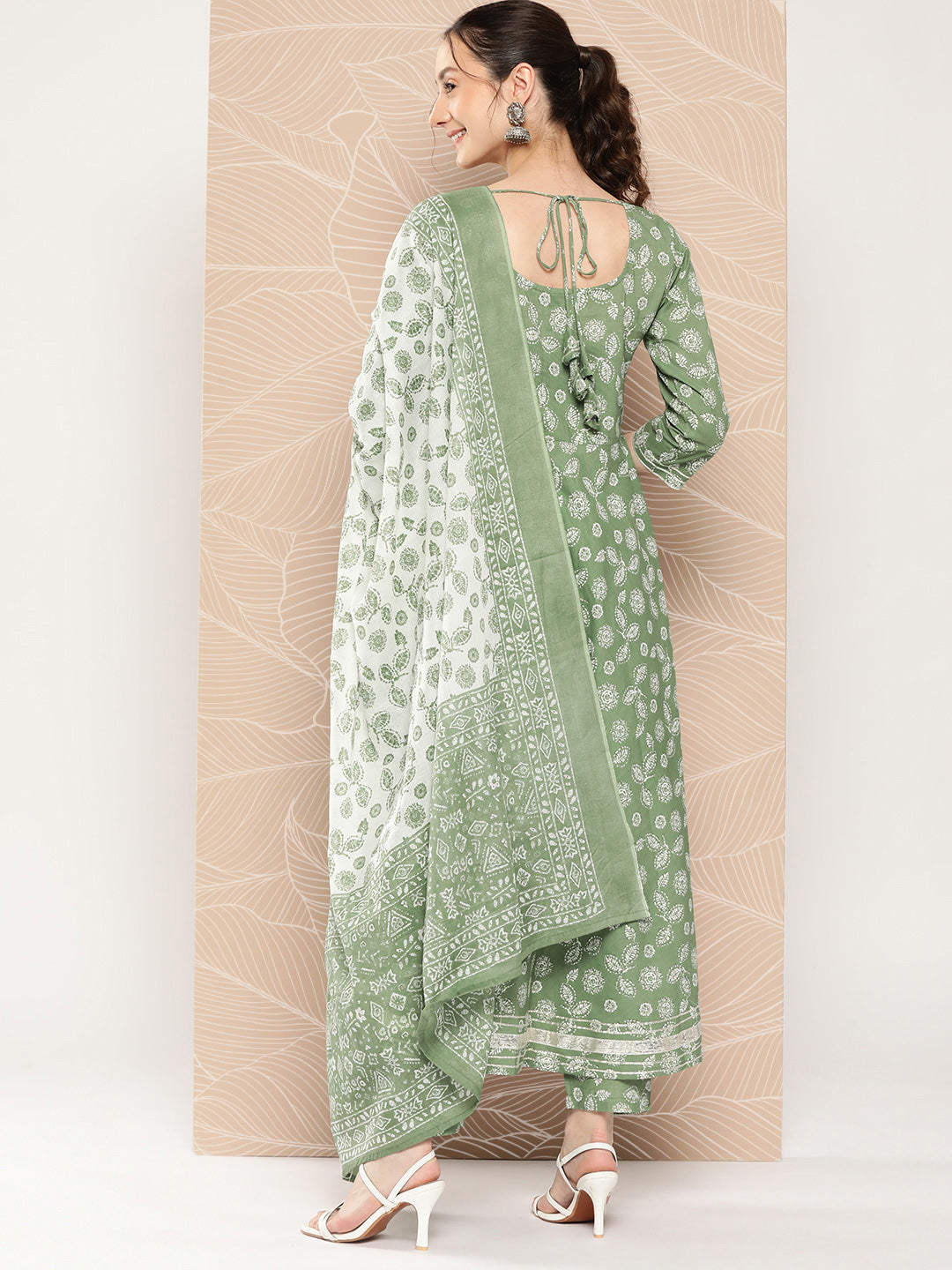 Women Green Floral Printed Anarkali Kurta With Trouser And Dupatta | LASVINI - Redefining Indian Fashion with Elegance