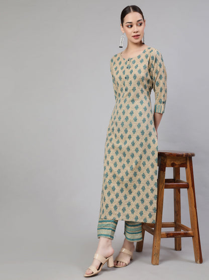 Women Beige Ethnic Printed Straight Kurta With Culottes Palazzo | LASVINI - Redefining Indian Fashion with Elegance