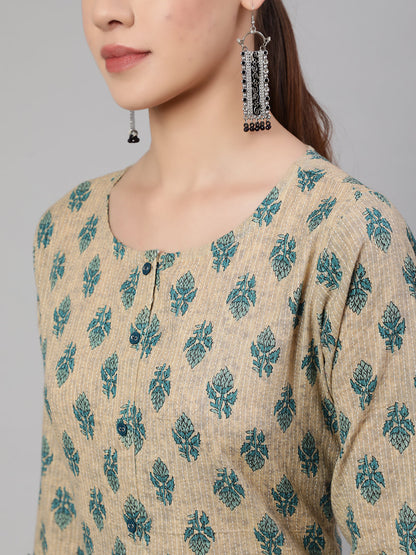 Women Beige Ethnic Printed Straight Kurta With Culottes Palazzo | LASVINI - Redefining Indian Fashion with Elegance