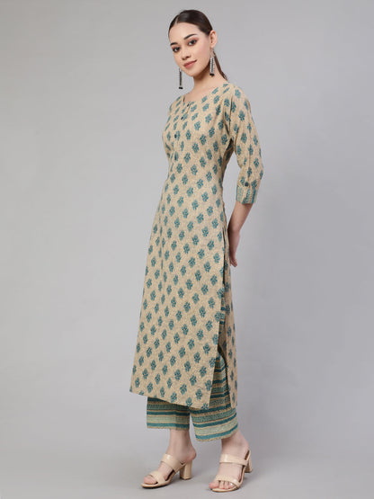 Women Beige Ethnic Printed Straight Kurta With Culottes Palazzo | LASVINI - Redefining Indian Fashion with Elegance