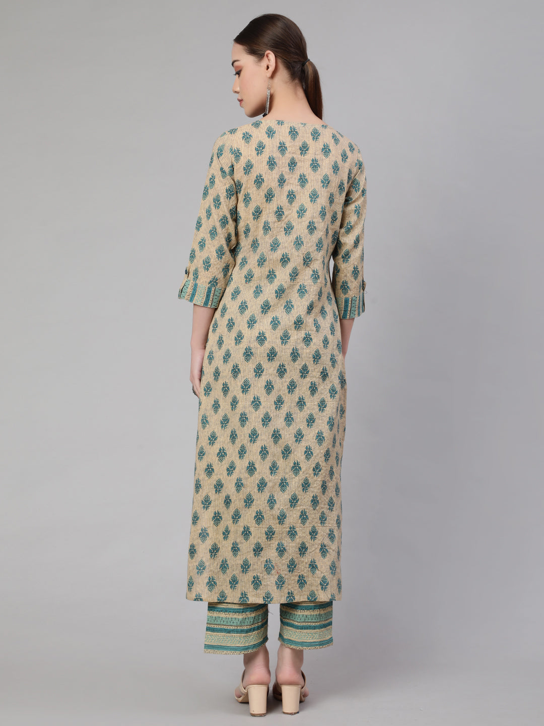 Women Beige Ethnic Printed Straight Kurta With Culottes Palazzo | LASVINI - Redefining Indian Fashion with Elegance