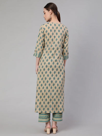 Women Beige Ethnic Printed Straight Kurta With Culottes Palazzo | LASVINI - Redefining Indian Fashion with Elegance