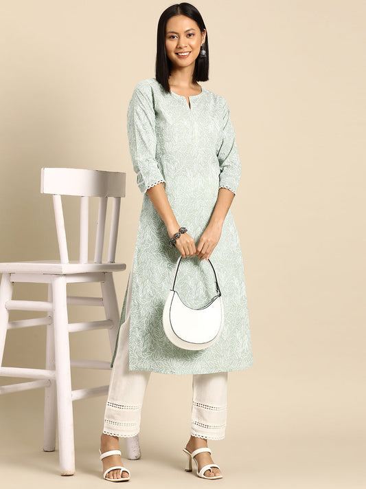 Women Green Printed Straight Kurta With Trouser | LASVINI - Redefining Indian Fashion with Elegance