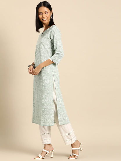 Women Green Printed Straight Kurta With Trouser | LASVINI - Redefining Indian Fashion with Elegance