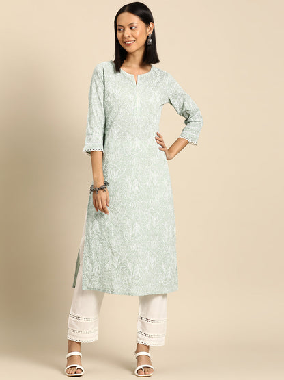 Women Green Printed Straight Kurta With Trouser | LASVINI - Redefining Indian Fashion with Elegance
