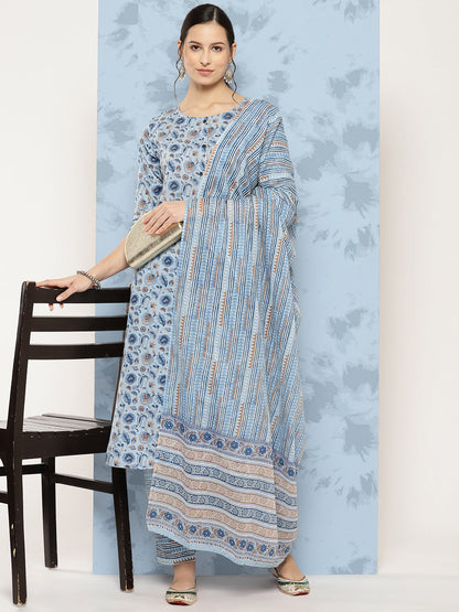 Women Blue Floral Printed A-Line Kurta With Palazzo And Dupatta | LASVINI - Redefining Indian Fashion with Elegance