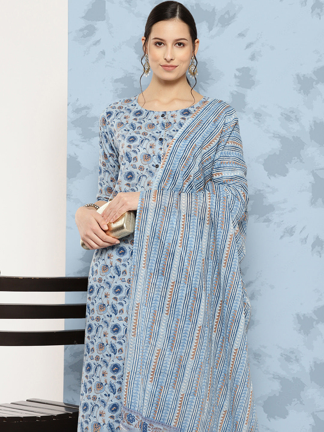 Women Blue Floral Printed A-Line Kurta With Palazzo And Dupatta | LASVINI - Redefining Indian Fashion with Elegance