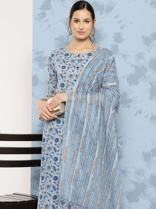 Women Blue Floral Printed A-Line Kurta With Palazzo And Dupatta | LASVINI - Redefining Indian Fashion with Elegance